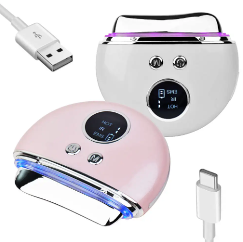 Gua Sha électrique – Appareil de modelage du visage avec ports USB et capuchons lumineux, télécommande tactile et accessoires.