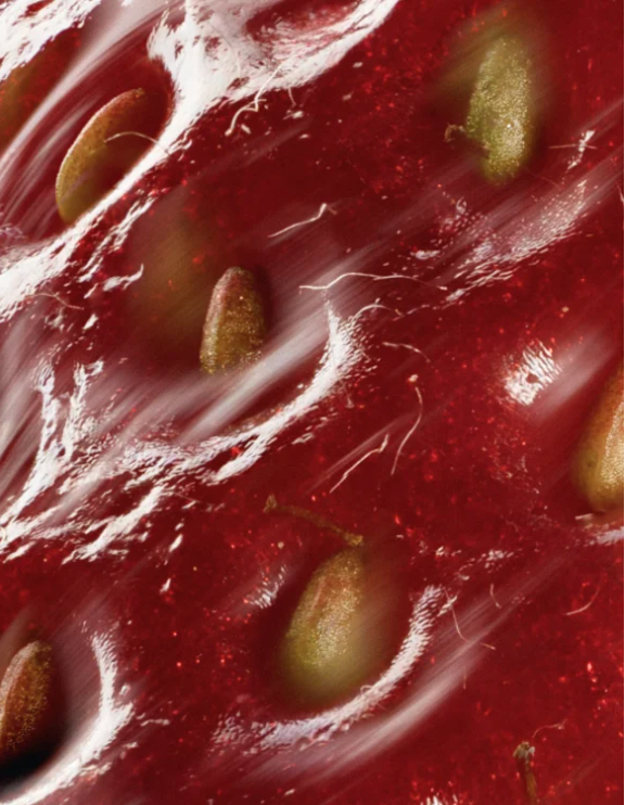 Gel rouge fondant avec des pépins dorés, texture fluide et mouvements brillants. Sérum anti-âge aux peptides - lisse et raffermit.