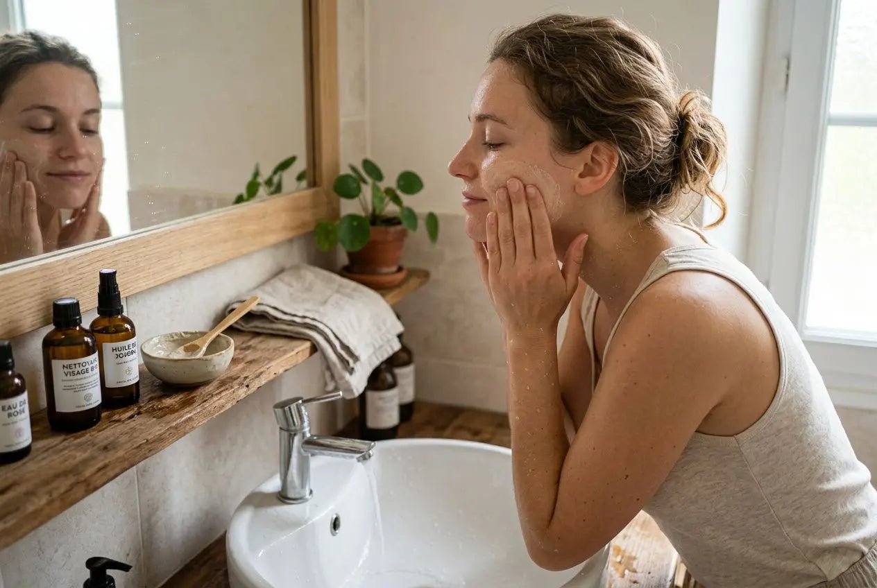 Une femme se nettoie le visage au lavabo, les mains sur les joues, miroir devant elle et produits de soin à gauche.
