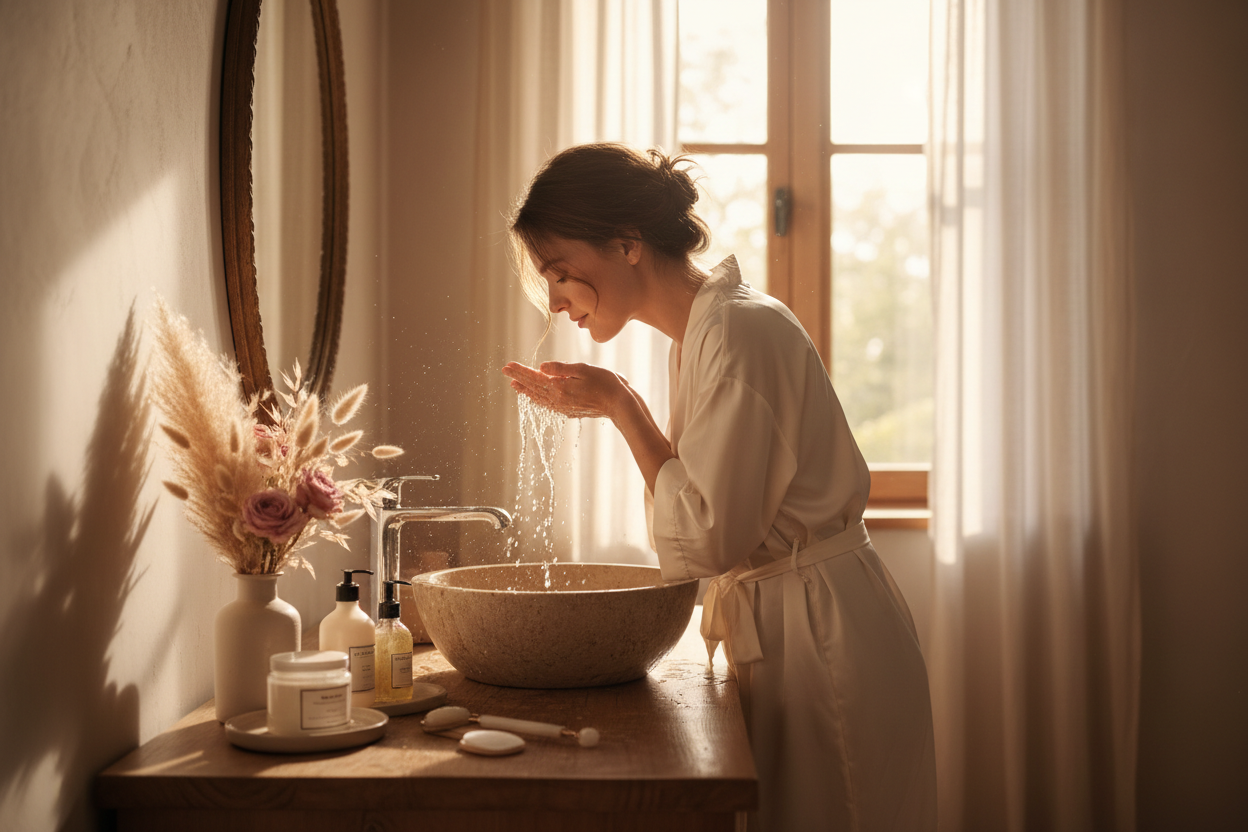 Une femme en peignoir se rinse le visage au lavabo en train de se laver les mains; les objets de soin et des fleurs décorent la salle de bain lumineuse, suggérant émotions et peau.
