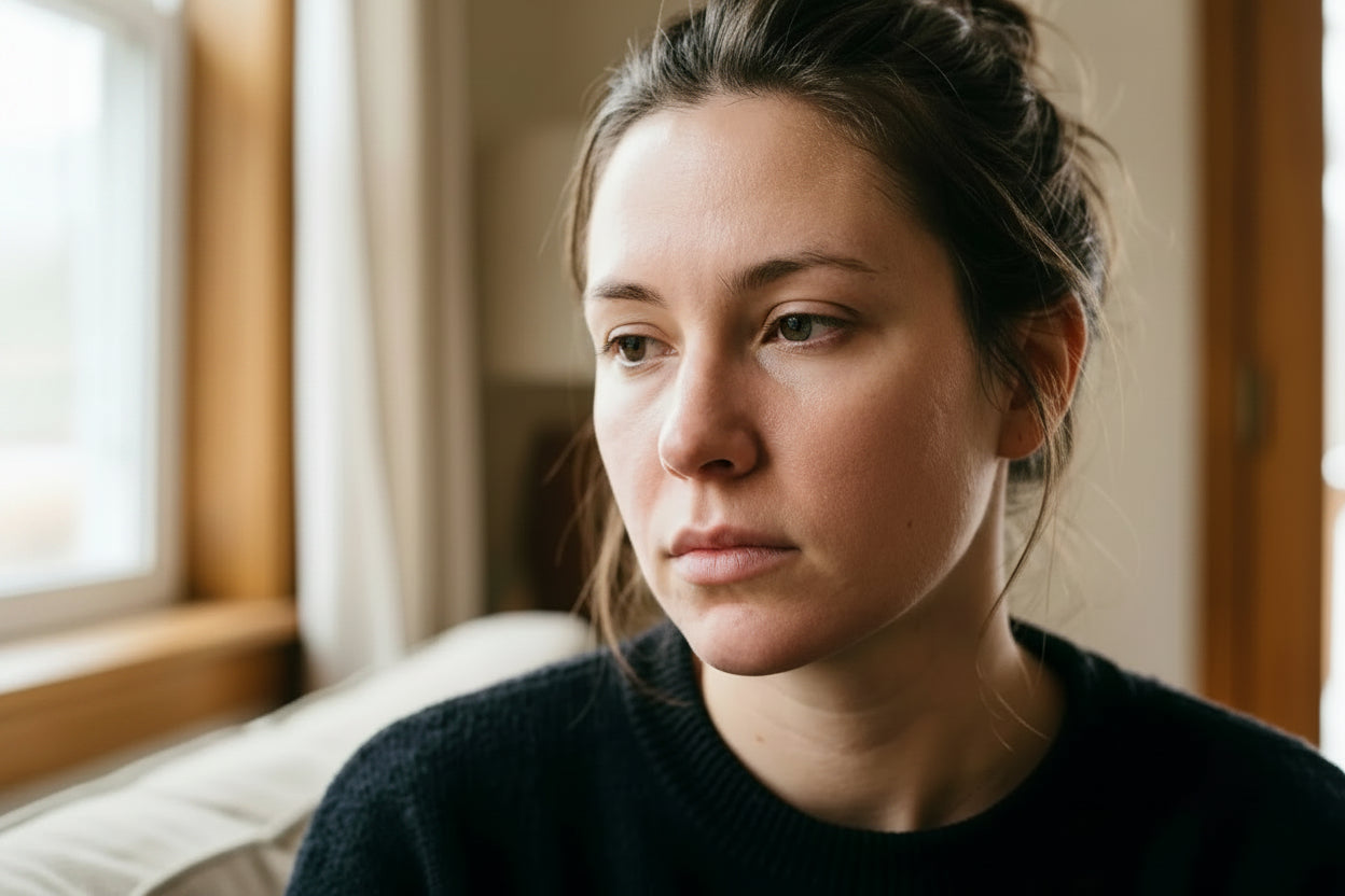 Jeune femme au visage pensif, présentant rougeurs et irritations sur les joues, éclairage naturel près d’une fenêtre. comment les émotions affectent notre peau