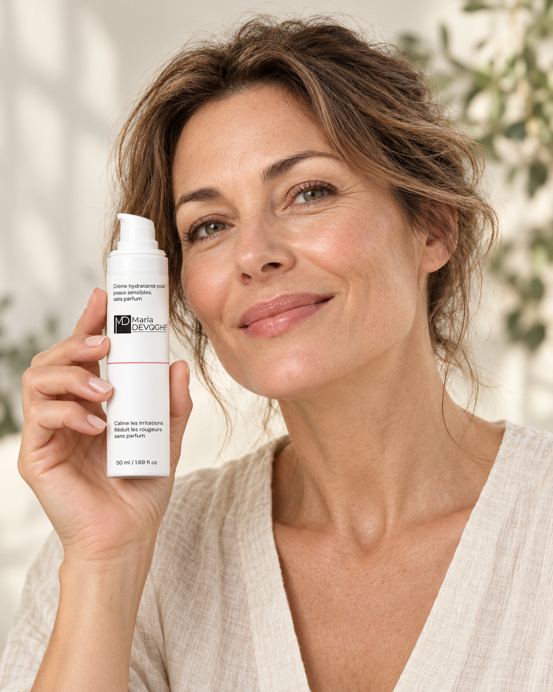 Crème hydratante pour peaux sensibles, sans parfum — une femme présente le produit