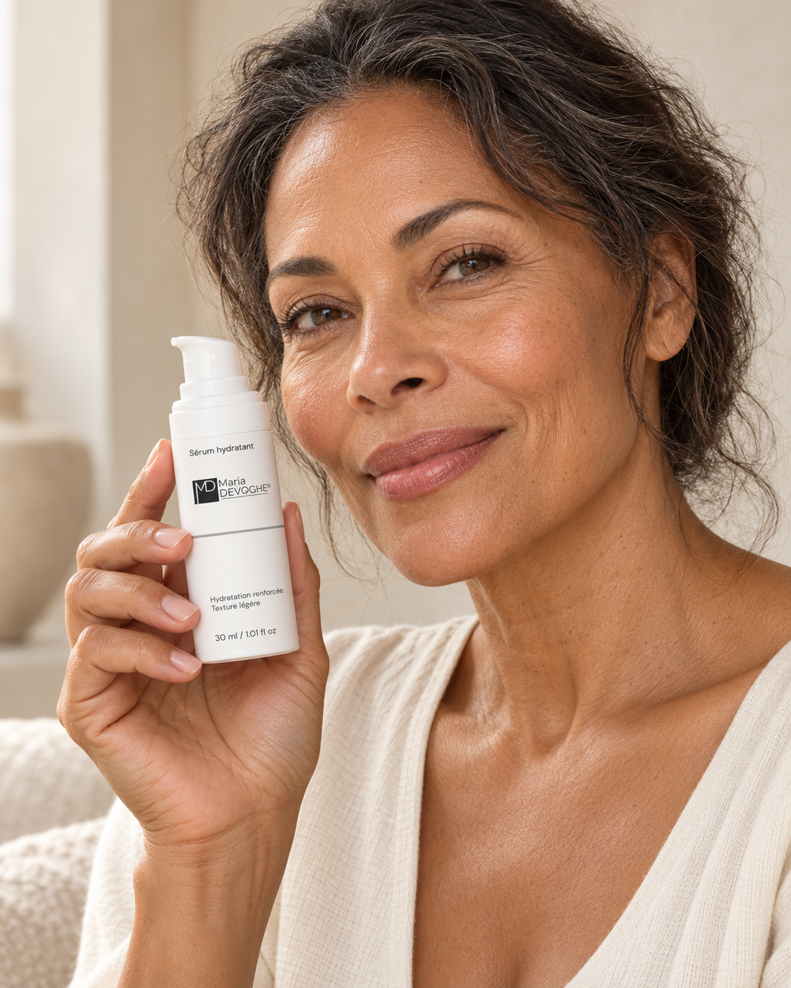 Sérum hydratant - Hydrate et repulpe — une femme présente le produit