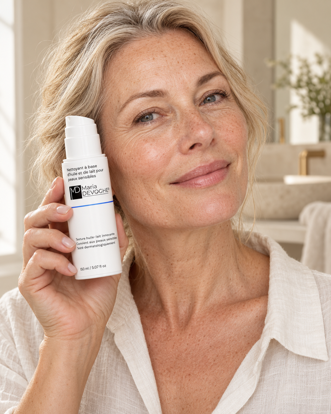 Nettoyant à base d'huile et de lait pour peaux sensibles — une femme présente le produit Image