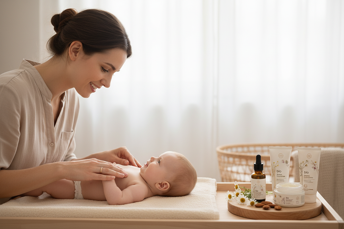 Maman appliquant des soins naturels pour bébé avec des produits bio adaptés aux peaux sensibles Bild