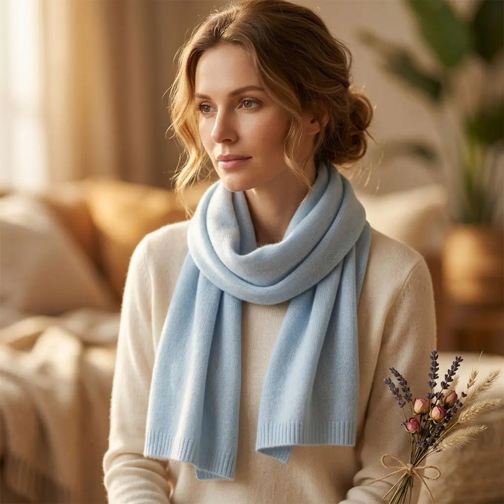Echarpe en pur cachemire Sophia drapée autour du cou d’une femme, couleur bleu clair, intérieur chaleureux.