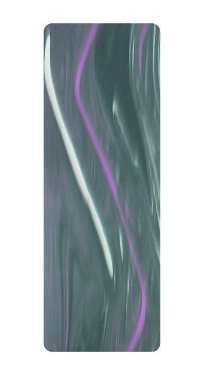 Tapis de Yoga ou de fitness à motif abstrait gris avec des lignes blanches et violettes, design moderne.
