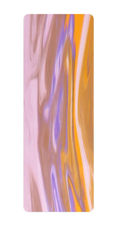 Tapis de yoga au motif abstrait pink, orange et violet avec coins arrondis.