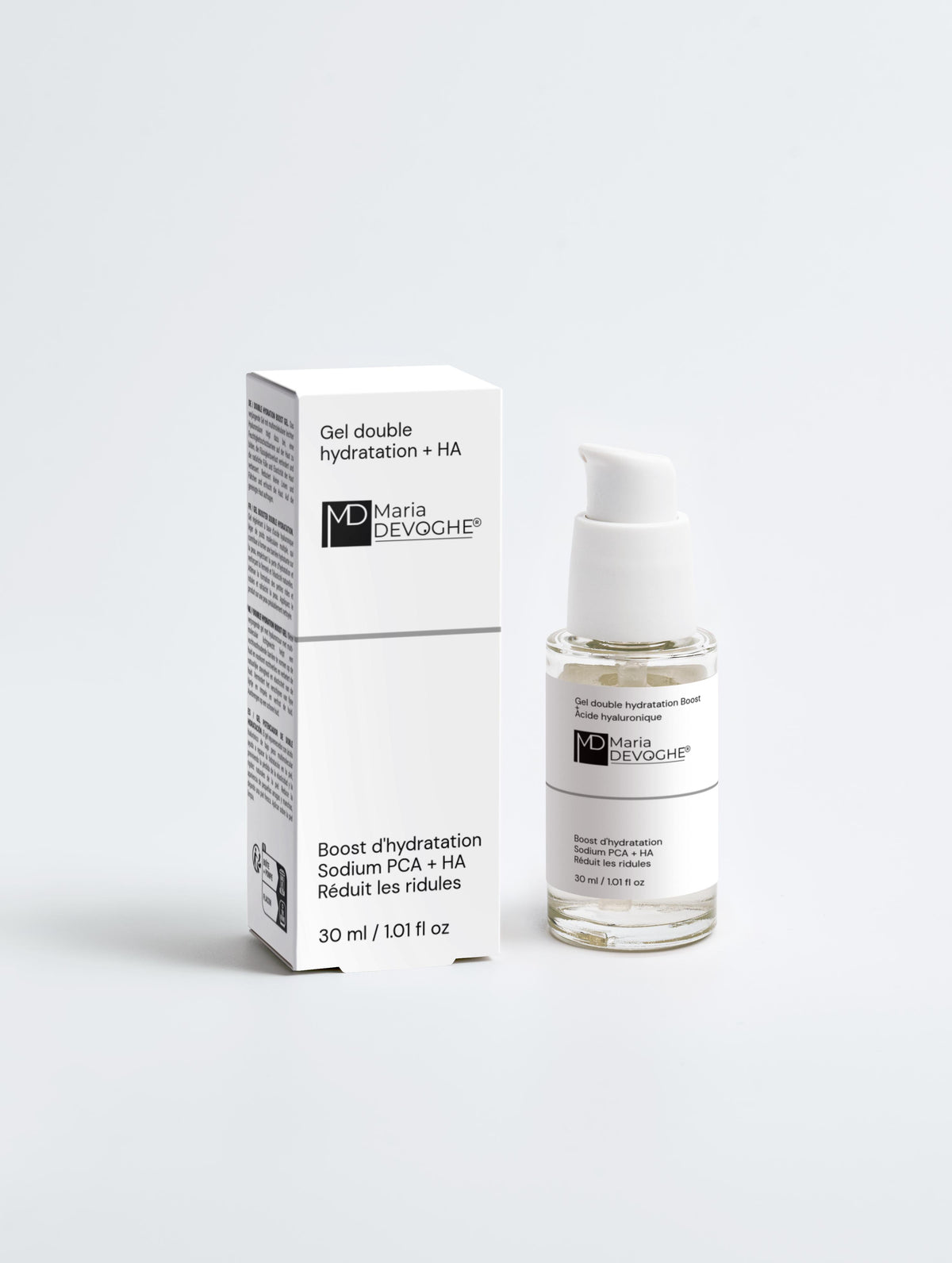 Gel double hydratation +HA - Lisse et repulpe, flacon pompe et boîte blanche, soin visage hydratant Maria Devoghé.