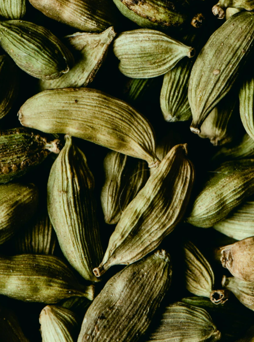 Grains de cardamome verts avec texture naturelle, fond sombre, image macro adaptée au gel douche Mains & corps Gingembre & Cardamone fumée