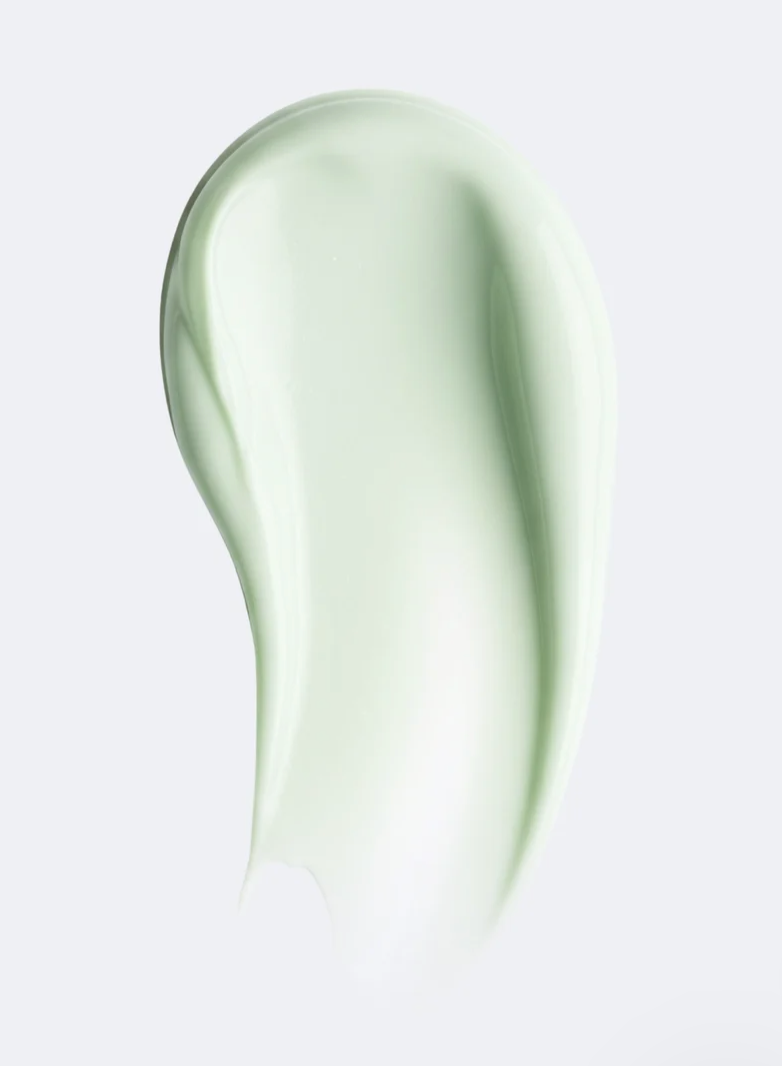 Crème hydratante anti-acné : texture légère et pastel vert pâle en mouvement fluide sur fond blanc.