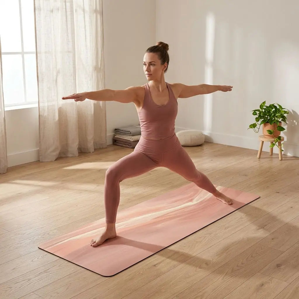 Femme pratiquant le yoga sur un tapis de fitness, en position Guerrier II dans une pièce lumineuse avec plante en arrière-plan.