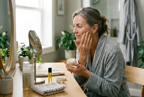 Femme âgée appliquant une crème sur le visage devant un miroir, dans une salle de bains lumineuse. Stress et vieillissement prématuré en contexte beauté.