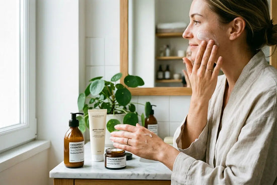 Personne appliquant des soins sur le visage près de la fenêtre, avec des produits dermocosmétique et céramides pour renforcer la barrière cutanée. Comment renforcer la barrière cutanée est abordé.